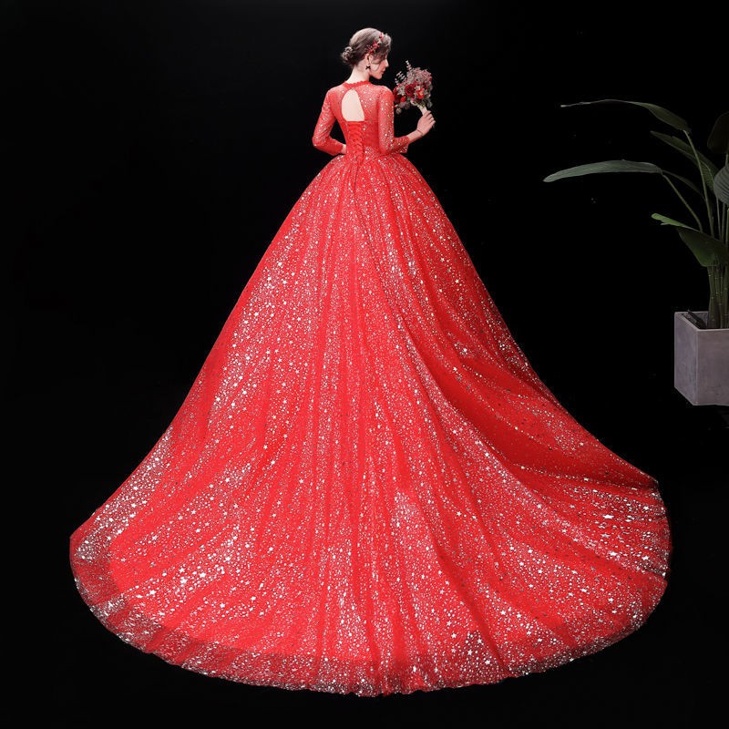 157 Women Fashion Red 3/4 Sleeve Long Tail Lace Wedding Dress