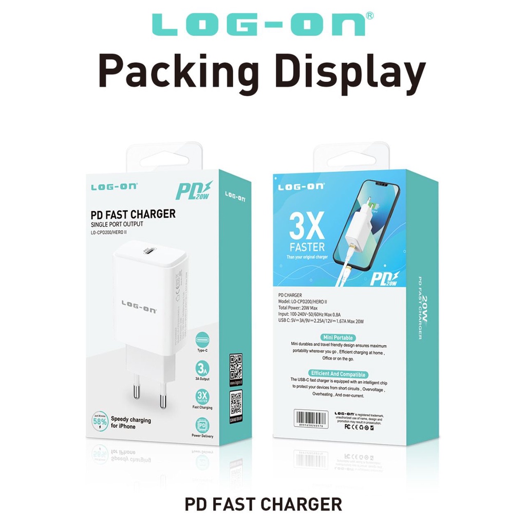 LOG ON ADAPTER QUICK CHARGE 30W DUAL PORT POWER DELIVERY CHARGER USB C+PD LO-CPD200/HERO II