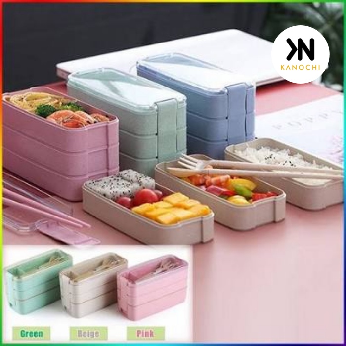 Lunch Box Kotak Makan Gandum Jerami 3 Susun Tingkat Sendok Set Bento