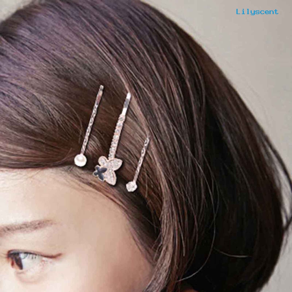 Ls 3Pcs / Set Jepit Rambut Bentuk Hati Hias Mutiara + Berlian Imitasi Untuk Wanita