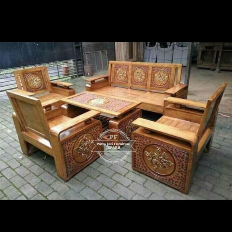 Kursi tamu ukir kayu jati - Kursi ruangan 3111 + 1 meja mebel murah