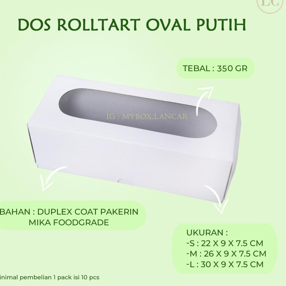 

✩ (10 LEMBAR) 26X9X7,5 CM DUS ROLLTART OVAL PUTIH MEDIUM, BOX ROLL CAKE - DUS KUE ROLL TART PUTIH ➶