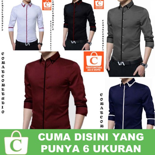 CORATCORETUDIO Kemeja Pria Hem Cowok Polos Lengan Panjang Garis Tengah PUTIH HITAM ABU BIRU MERAH