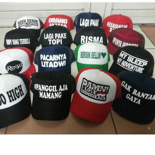 DESAIN SUKA SUKA  CETAK SABLON LOGO DAN NAMA TOPI TRUCKER JARING