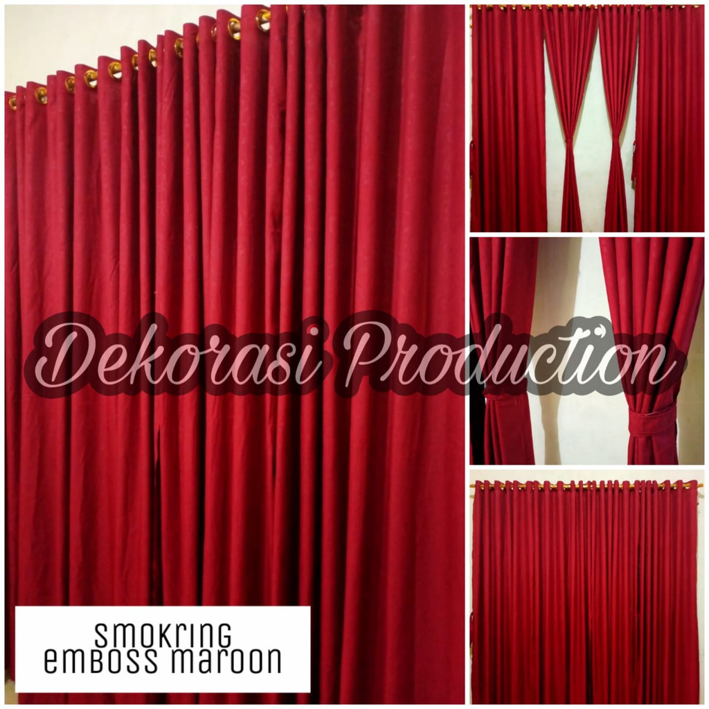 Tirai Gorden Hordeng Smokring 12 Ring 6 Gelombang Bisa Pintu / Jendela Polos Emboss Merah Maroon
