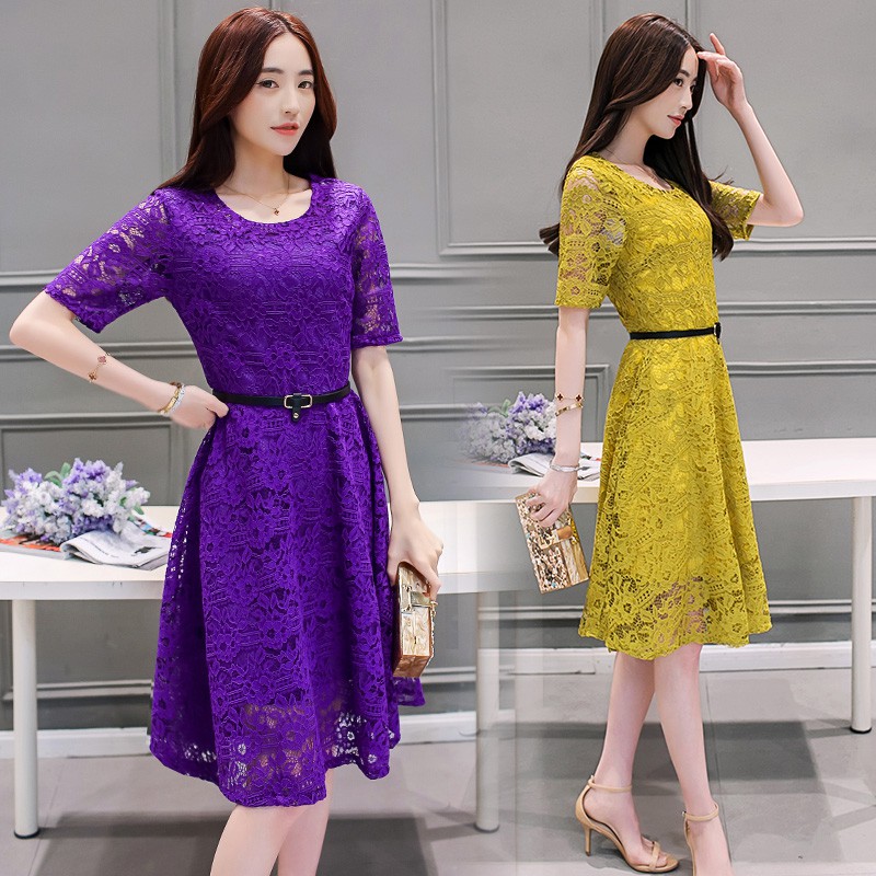 Dress Midi Casual Gaya Korea Warna Pink Hitam Bahan Lace untuk Wanita