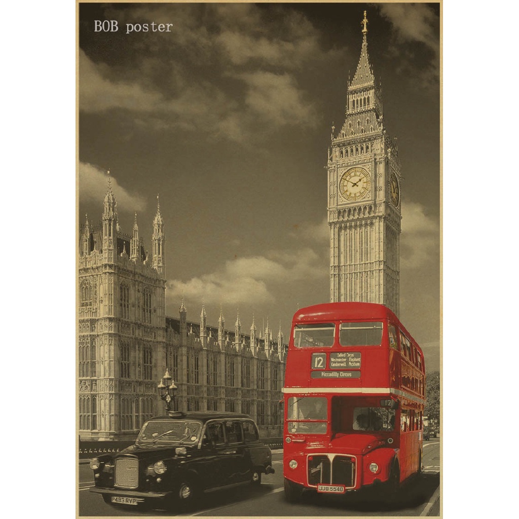 Poster Desain London Red Busses Dan Telepon Booths Gaya Retro Vintage Untuk Dekorasi Cafe Bar