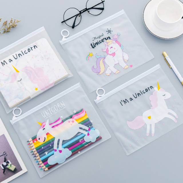 

Zipper bag tempat pensil transparan motif unicorn, Sakura&kelinci, cute girl, cute animals, kaktus