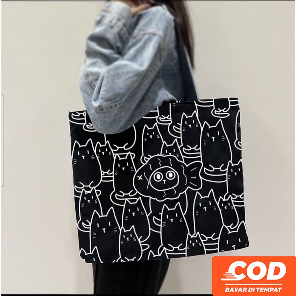 Tas Totebag Kanvas Wanita Kucing Cat Meow Sablon Sekolah Belanja Murah Grosir TOKO92