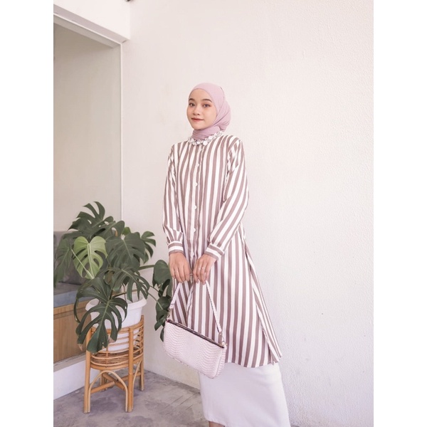 Long Tunik Kancing Tunik Salur Shakila Tunik Garis Stripy