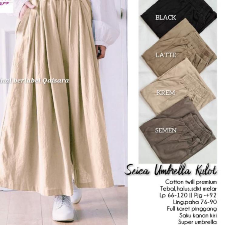 Terbagus.. Seica Kulot Skirt Hitam Umbrella Cullote black Jumbo Lebar Fit XXL Katun HQ Cream by Qais