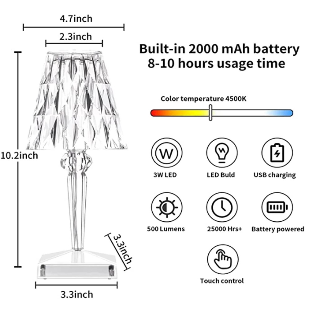 COD !!  Crystal Table Lamp Acrylic Tricolor Diamond Lampu Bedside Night Light Wireless USB Rechargeable Adjustable Lampu Tidur Minimalis