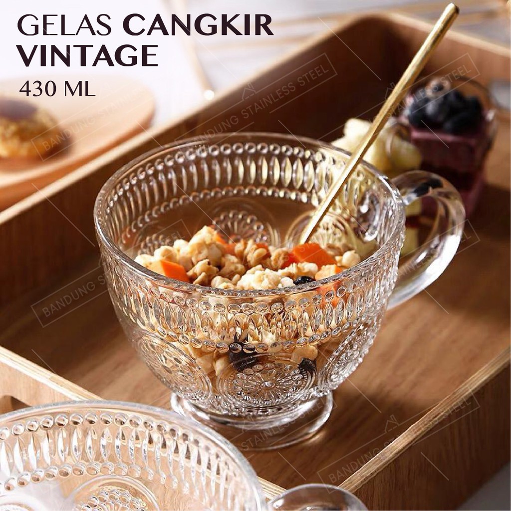 Gelas 430ml Cangkir Kaca Glass Mangkuk Sereal Cereal Cup Crystal Vintage Retro Gaya Nordic Cantik