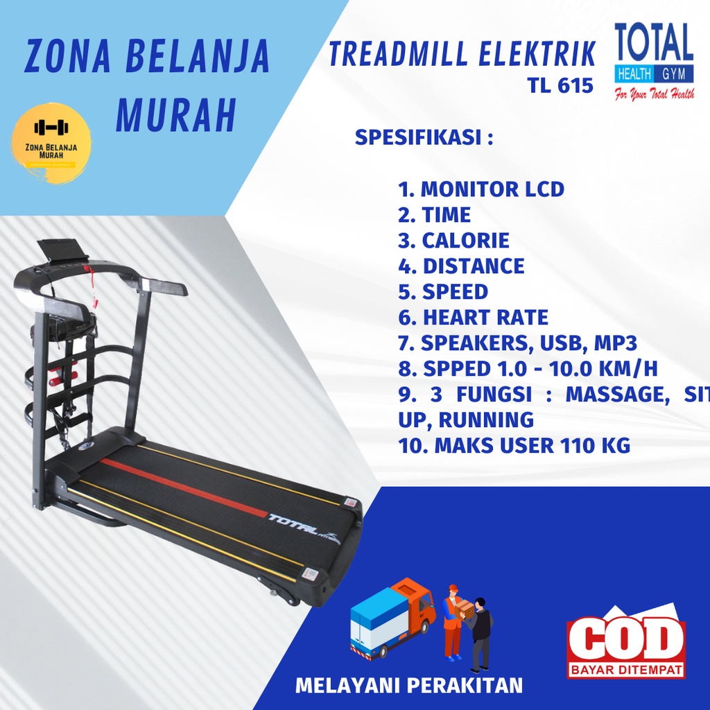TOTAL FITNESS Alat Fitnes Lari Treadmill Elektrik TL 615 Manual Incline