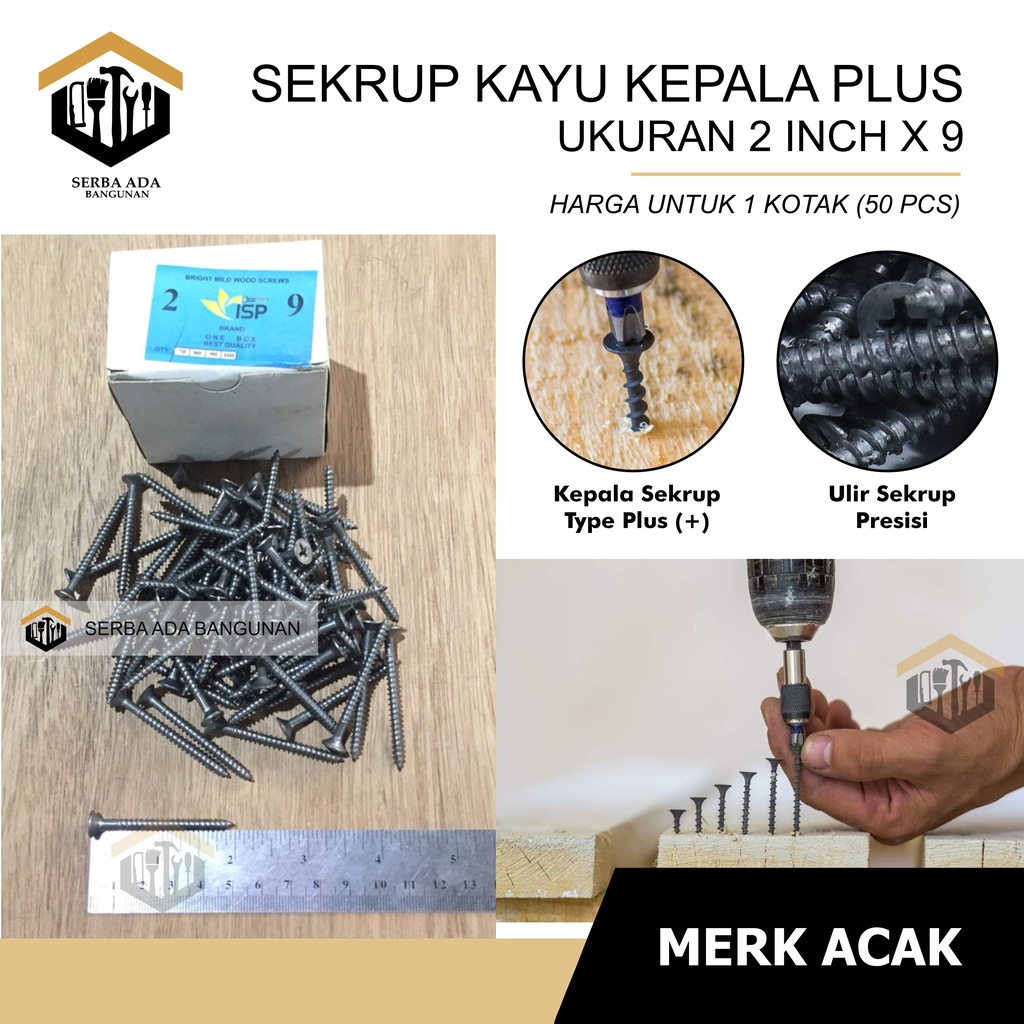 SKRUP KAYU 2&quot; X 9 (+) PLUS PANJANG 5CM / (HARGA 1 KOTAK - TIDAK DIECER) TERMURAH