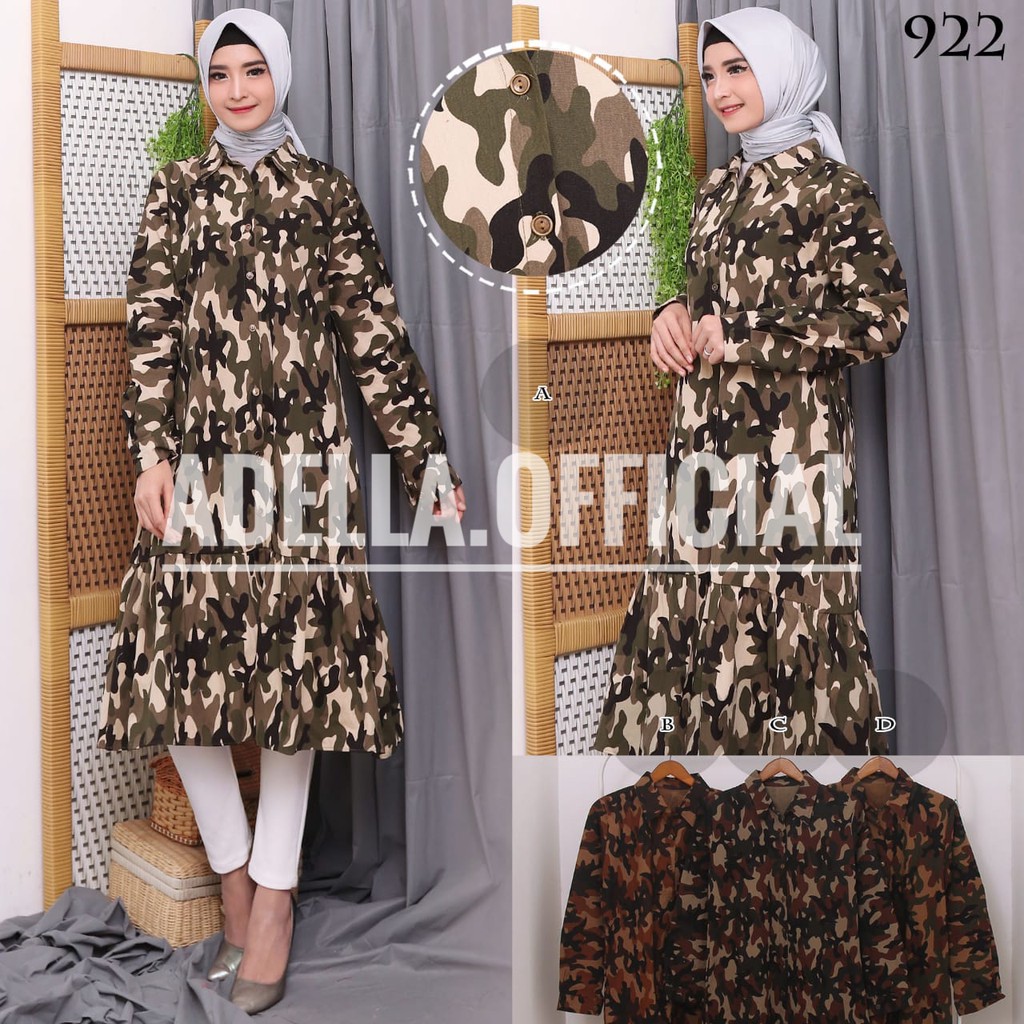 ADELLA TUNIK RUFFLE ARMY LORENG WANITA LENGAN PANJANG FIT XL XXL JUMBO BAHAN KATUN CANVAS 922