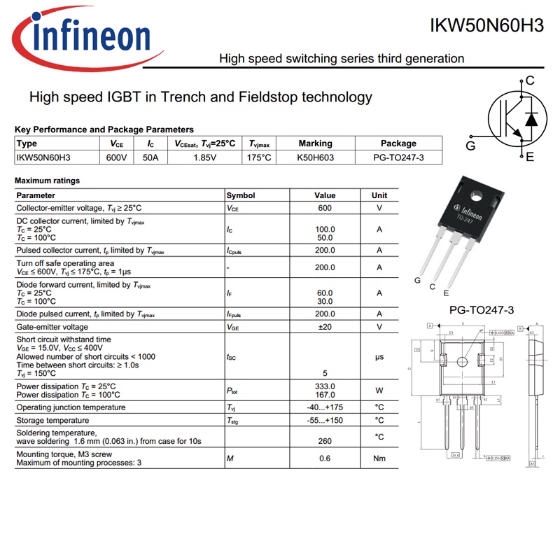 TRANSISTOR K50H603 TR K 50H603 TRANSISTOR IGBT 600V IKW50N60H3 IKW 50N60H3 50N60 UNTUK MESIN LAS