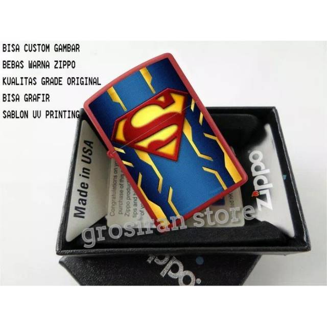 ZIPPO SUPERMAN CUSTOM LOGO TULISAN NAMA GAMBAR PRINT CLUB PERUSAHAAN KADO SOUVENIR MOTOR MOBIL