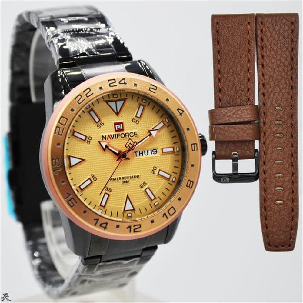 Promo JAM NAVIFORCE NF9109 RANTAI PAKET KULIT ORI ANTI AIR BLACK COVER GOLD Berkualitas