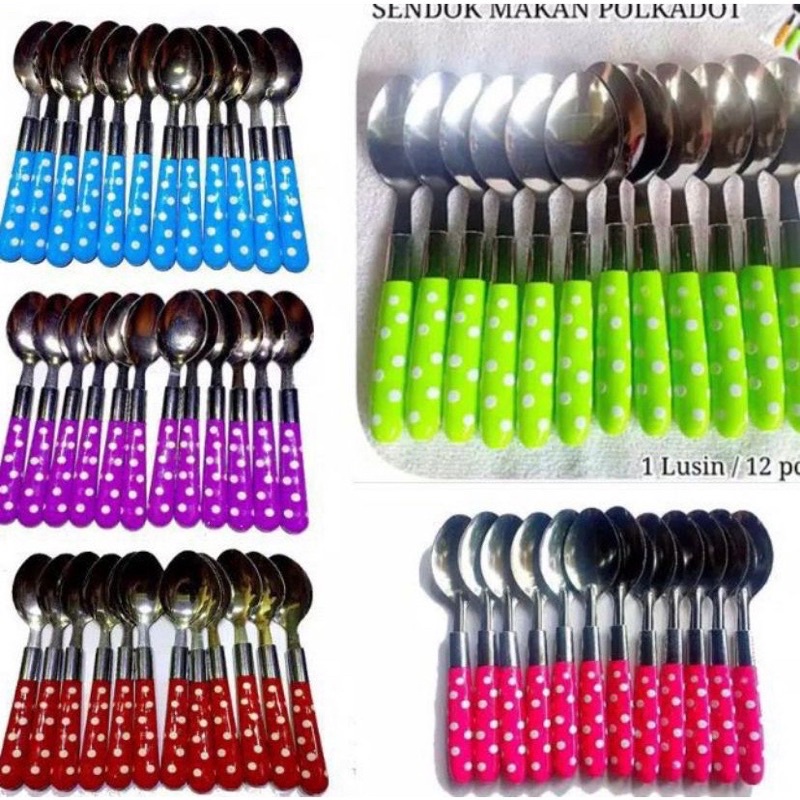 SENDOK POLKADOT 6 PCS / SENDOK STAINLESS WARNA / SENDOK SET GARPU LUSINAN