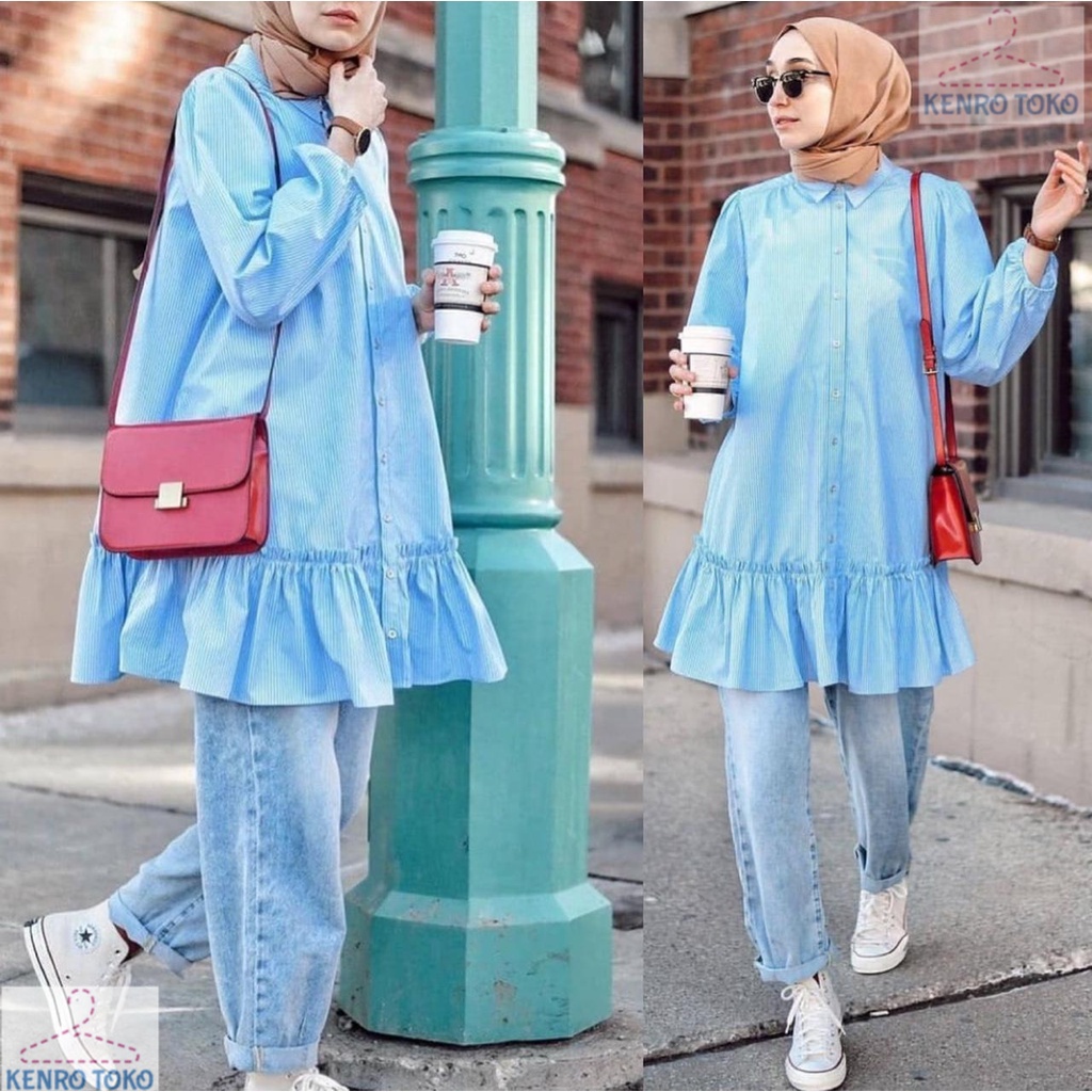 Baju Kemeja Tunik Wanita Jumbo Helena Midi Dress Pakaian Kancing Hidup Hem Dres