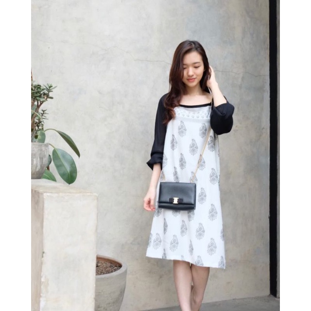 dress casual formal lengan chiffon lengan balon motif batik . baju kondangan . dress pesta simpel el