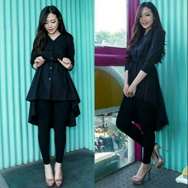 TUNIK KEMEJA SABYAN HITAM VARIASI BELAKANG PANJANG TUNIK WANITA MODEL KEKINIAN