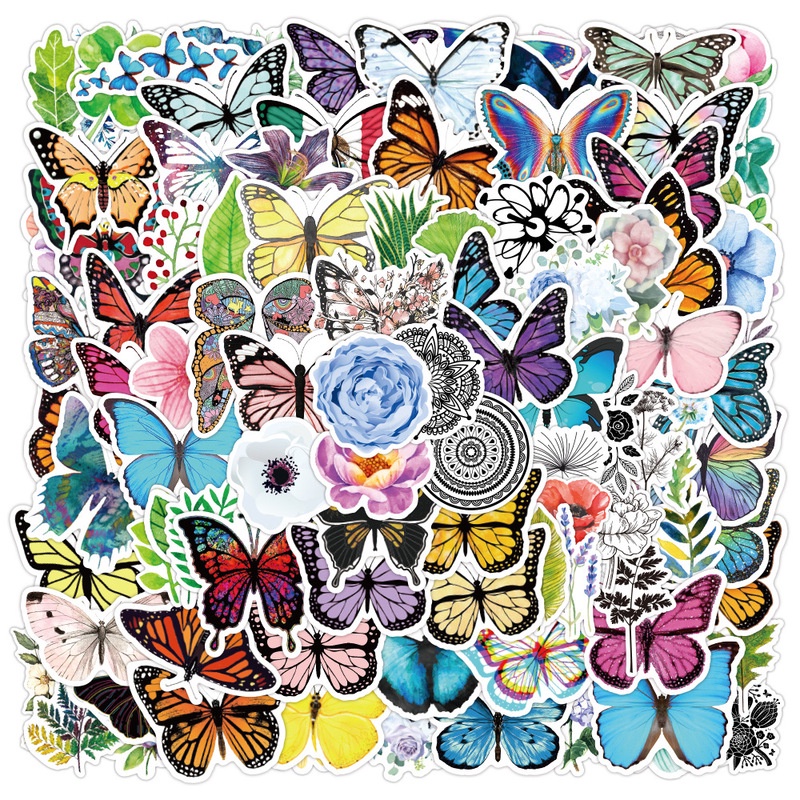 100pcs / set Stiker Graffiti Butterfly Flower Anti Air Untuk Dekorasi Laptop / Koper / Skuter / Cangkir Air