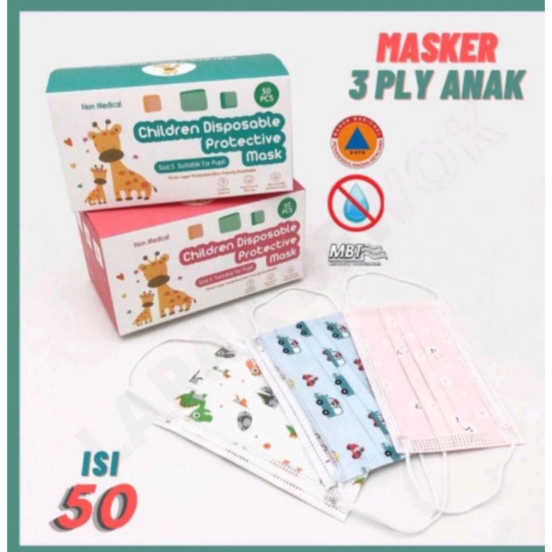 Masker Anak 3 Ply karakter Motif Earloop isi 50 Pcs/Box.!!! FREE BOX