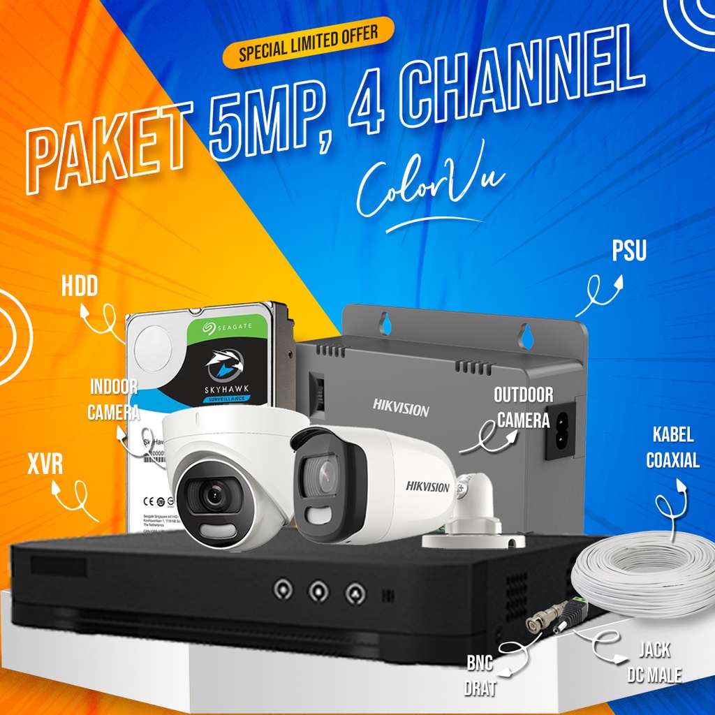 PAKET CCTV HIKVISION 4CH 5MP 4 KAMERA COLORVU HIKVISION SIAP PASANG