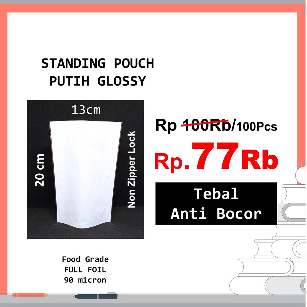 

Standing Pouch Alumunium Foil Metalize Warna Putih Susu 13X20 Non Klip