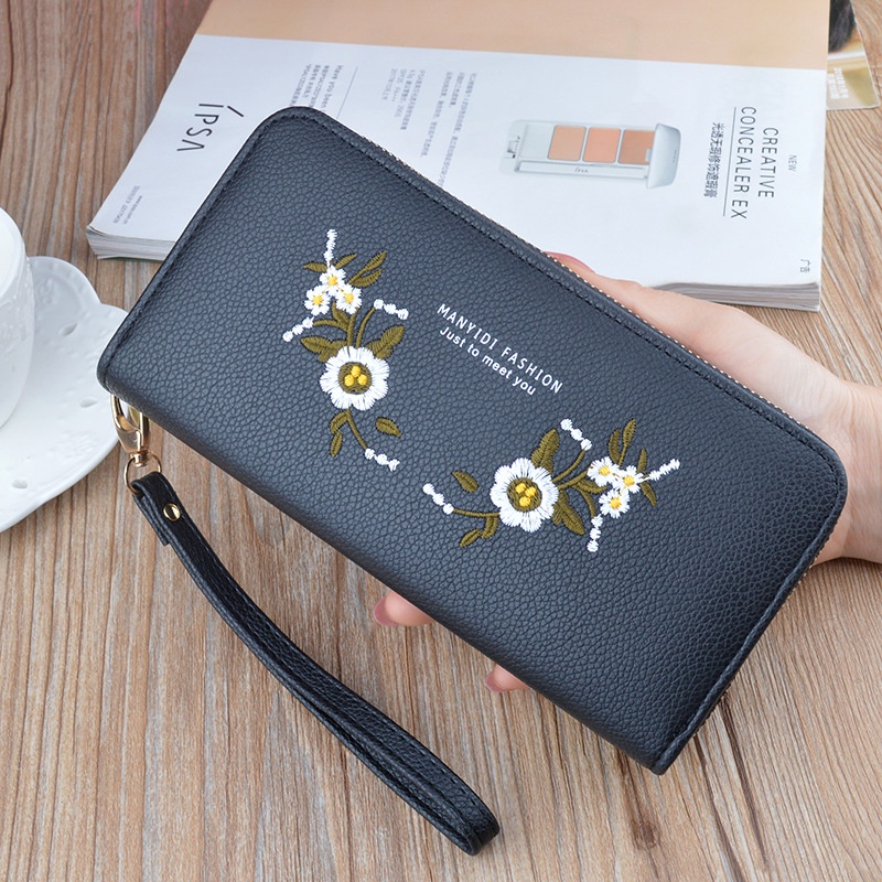 DOMPET PANJANG WANITA IMPORT PESTA KULIT BORDIR BUNGA HITAM MACBETH WA576B5 TALI PENDEK MUAT HP 2 RESLETING SLOT KARTU MURAH CEWEK KOREA BRANDED REMAJA KEKINIAN BATAM PREMIUM