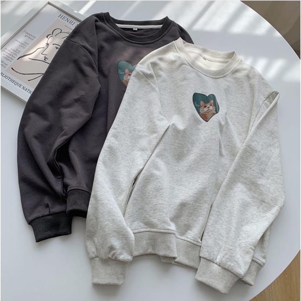 Sweater Wanita Basic Oblong Wanita | LOVE CAT Sweater Size M.L.XL | Crewneck Sweater Oblong Wanita Lucu