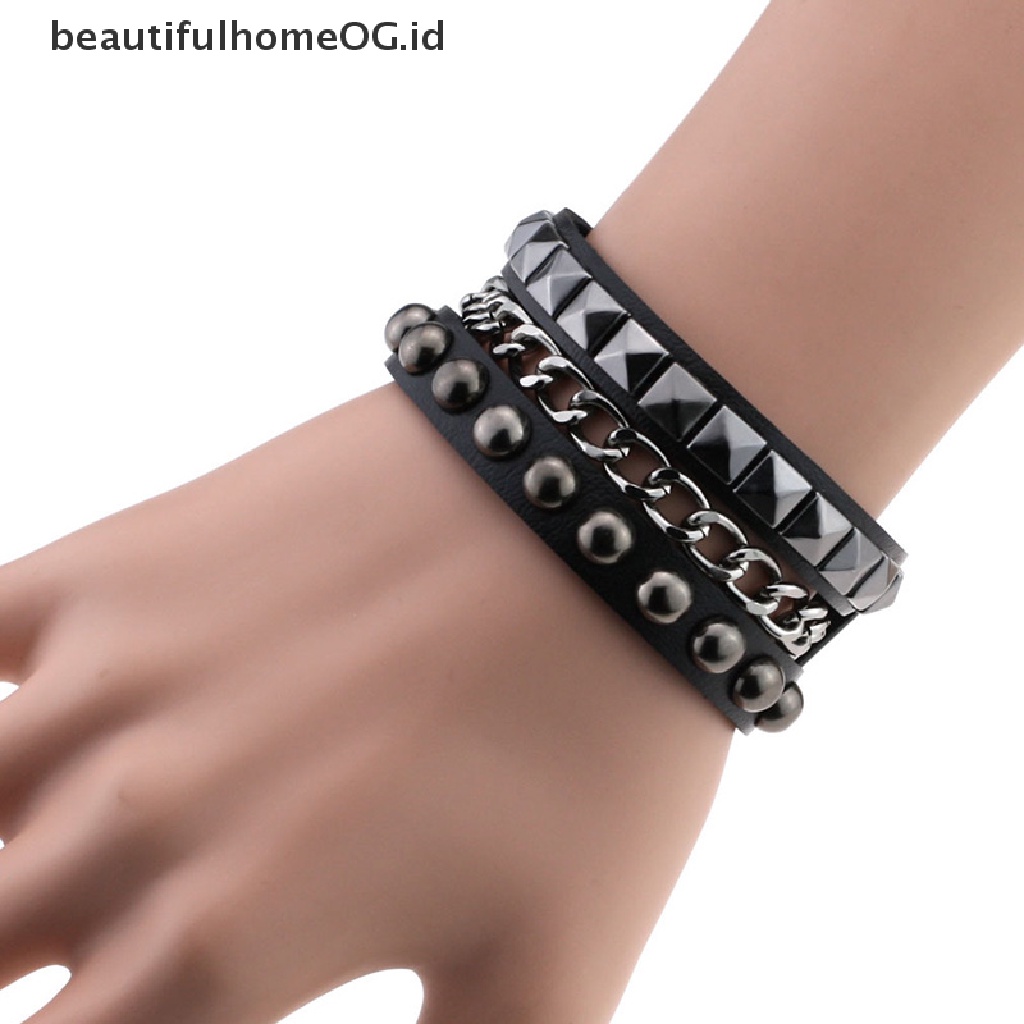 Gelang Rantai Multilayer Bahan Kulit Gaya Gothic Punk