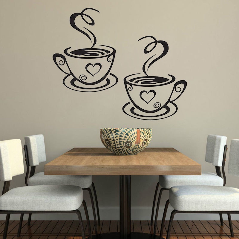 Sepasang Stiker Dinding Desain Cangkir Kopi Warna Hitam Bahan Pvc Tahan Air Dapat Dilepas Untuk Dekorasi Restoran