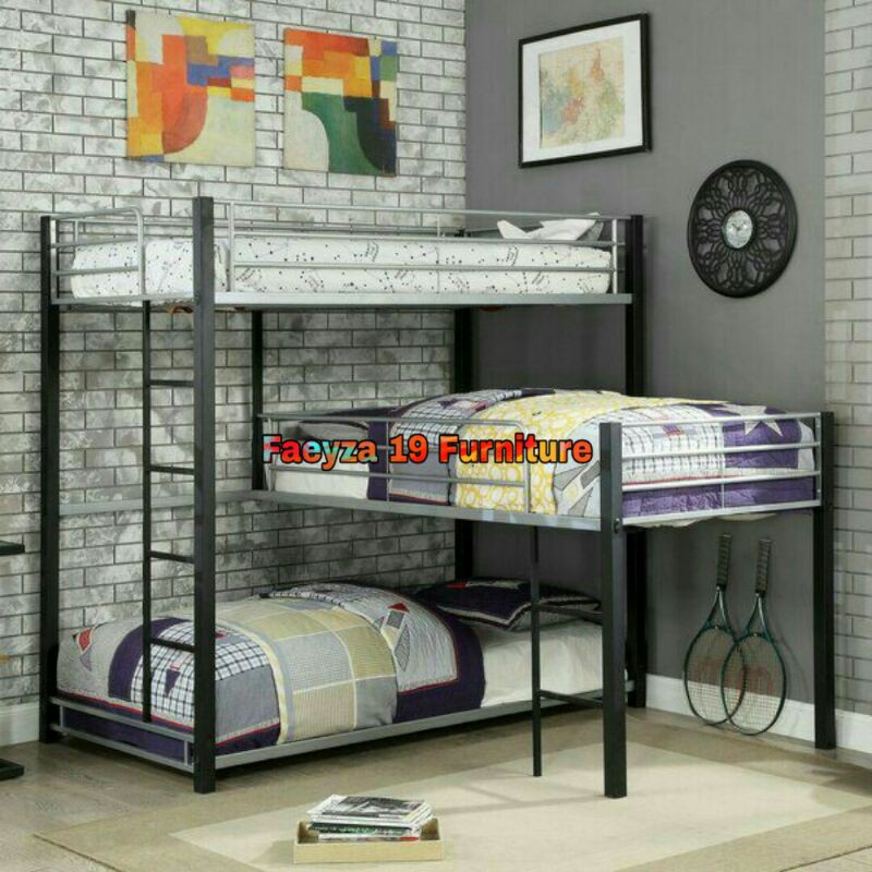 Ranjang Rangka Besi tingkat 3 tumpuk silang