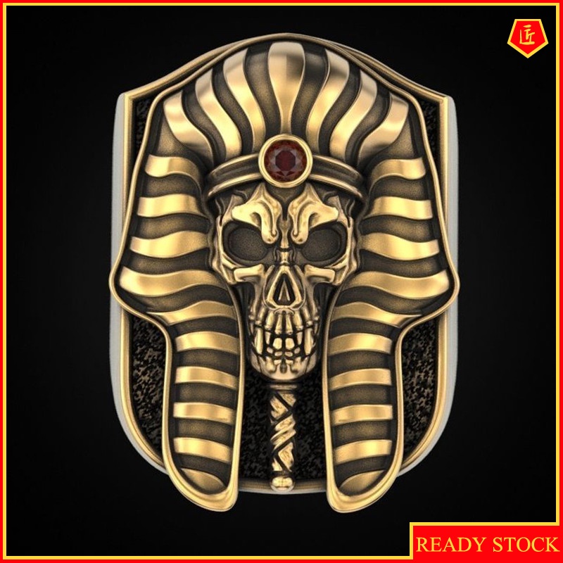 [Ready Stock]Egyptian Pharaoh Skull Gold Two-Tone Ring Exaggerated Punk