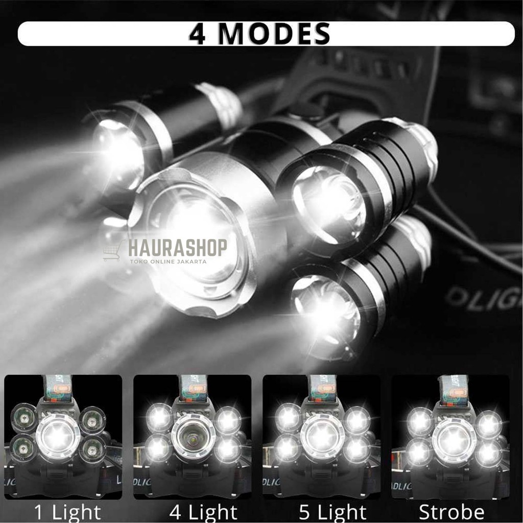 Paket Senter Kepala 5 LED Cas Super Terang XM-L T6 + 4XPE 40000 Lumens Headlamp Full Set 5 LED