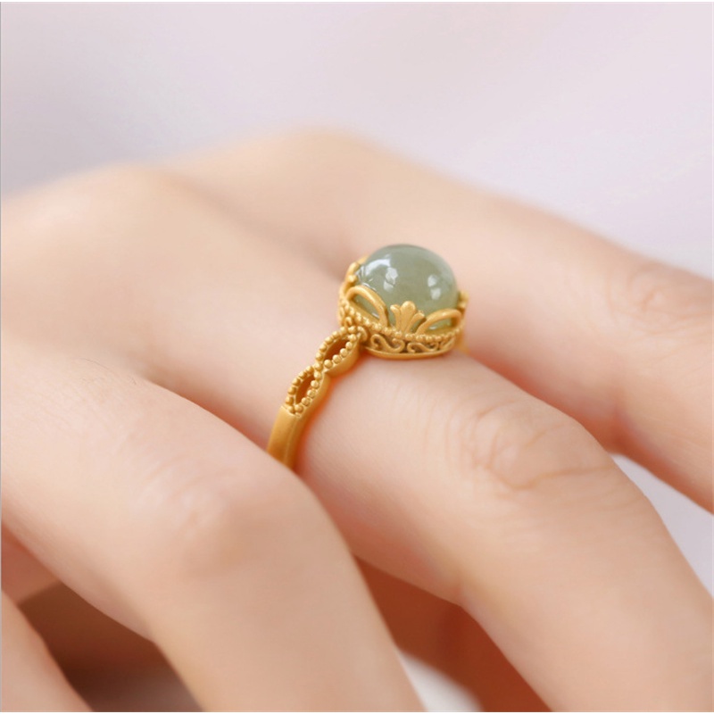 Cincin Giok Hetian Natural Bentuk Bulat Warna Emas Untuk Wanita