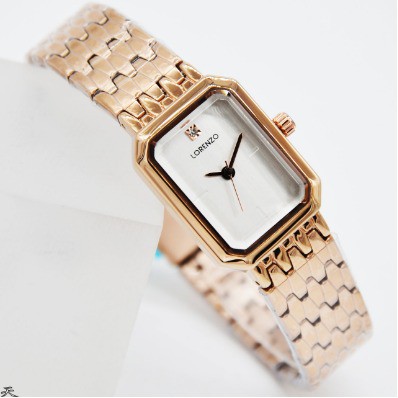 Jam Tangan Classic Wanita Lorenzo 1076 Model Kotak Diameter Kecil Strap Rantai Stainless Original