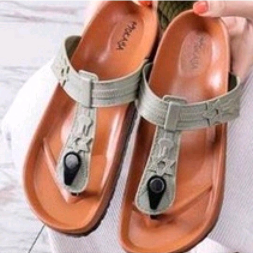 Sandal Jepit T Jelly Wanita Kancing Hitam Motif Star Timbul Simple Casual Kece Import Mokaya / Size 37-41 (1807-b1 )