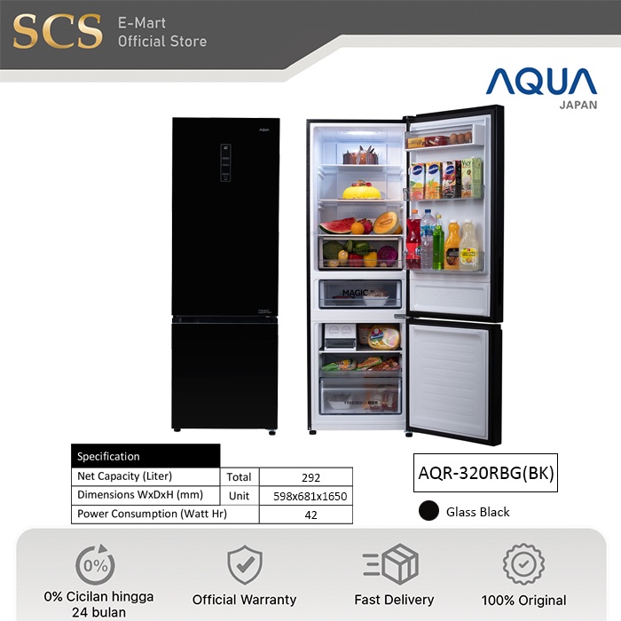 AQUA AQR-350RBG(BK) Kulkas Freezer Bawah Bottom | 324 Liter | AQR350RBG