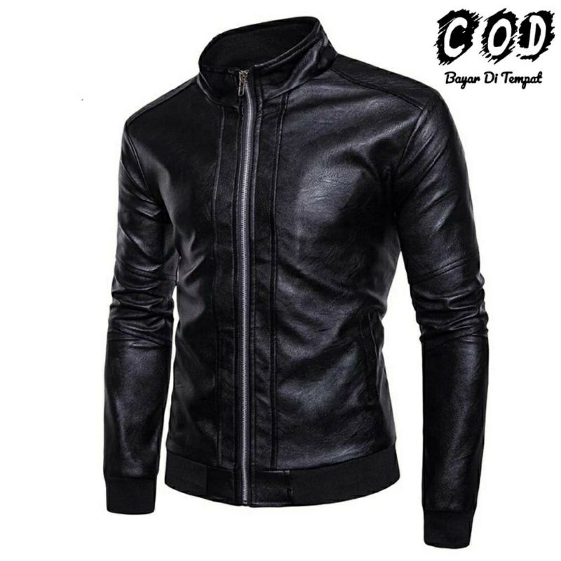 jaket semi kulit/jaket pria dabel resleting/jaket motor pria semi kulit karet rib tangan