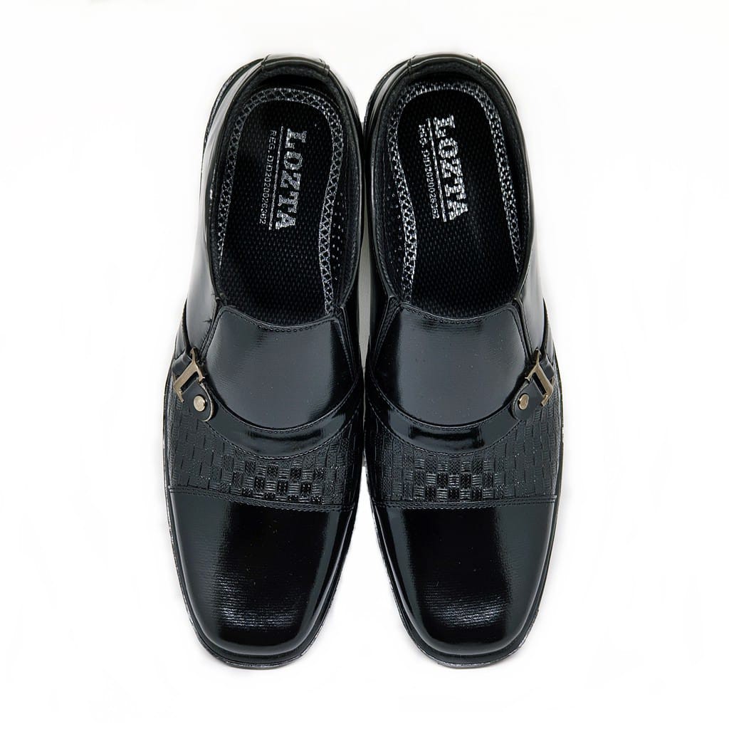 Sepatu Pantofel pria kulit sintetis Gesper hitam Tan mengkilap bening sepatu pesta nikah kawinan