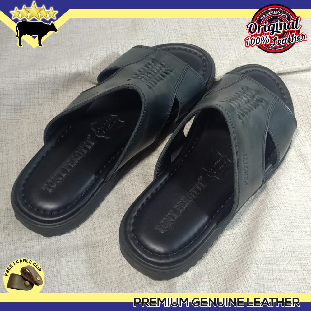 SANDAL BRANDED PRIA FULL KULIT SAPI ASLI WARNA HITAM KUALITAS EXPORT