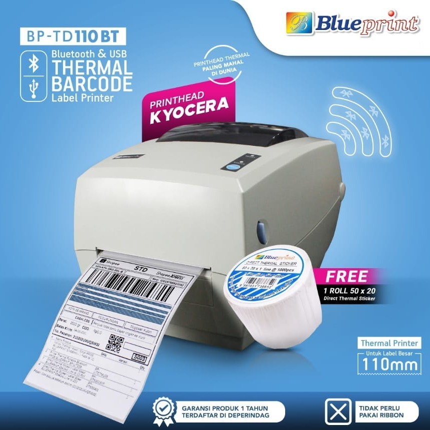 Printer Thermal Barcode Resi Bluetooth BLUEPRINT BP TD110BT Resmi