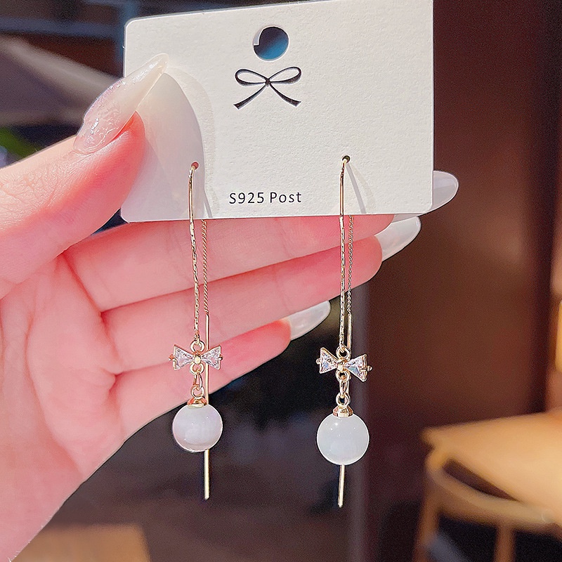 Shuling S925 silver needle Opal Bow Earrings Long Tassel Earring Female Ear Line Women Ear Jewelry