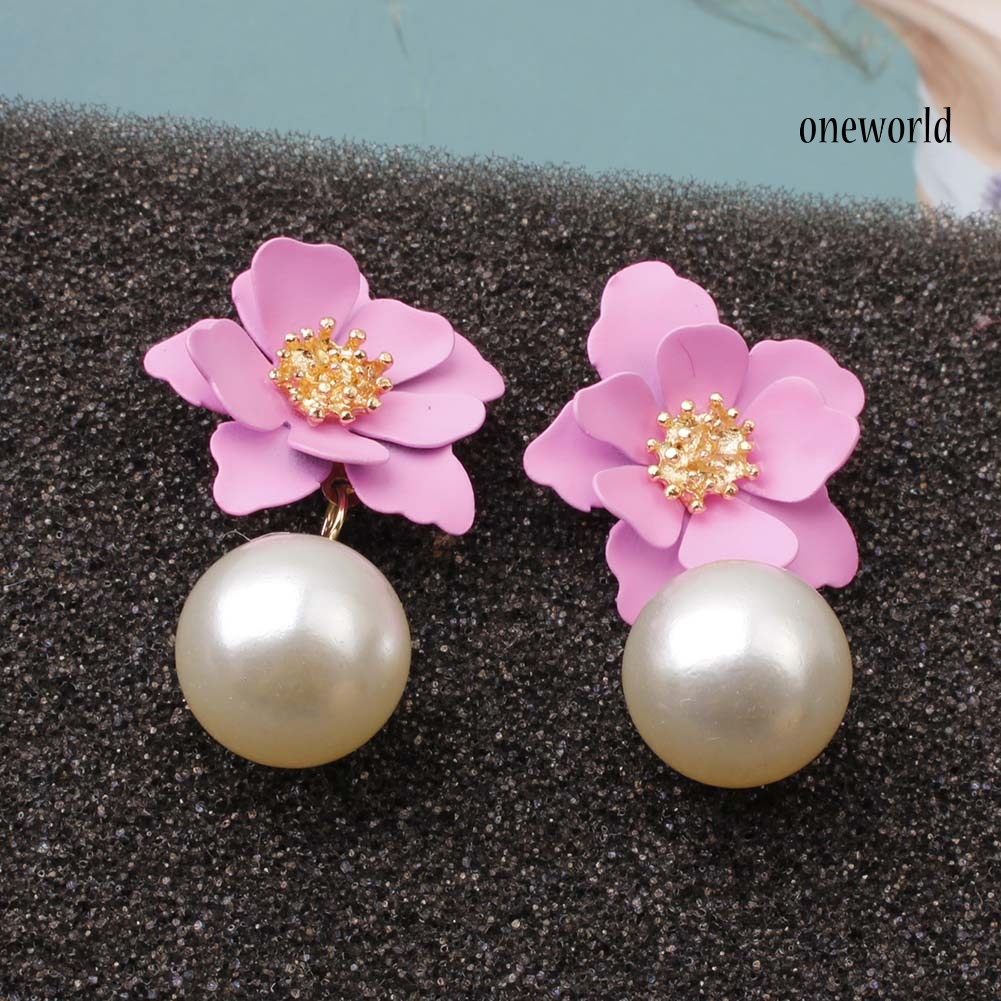 OW@ Sweet Women Faux Pearl Dangle Resin Flower Stud Earrings Summer Jewelry Gift