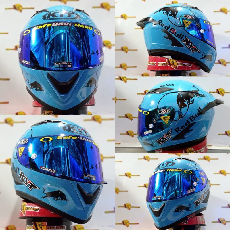 Helm kyt falcon black doff paket ganteng costum Red BuLL-SKY BLU RedBuLL/BLUE