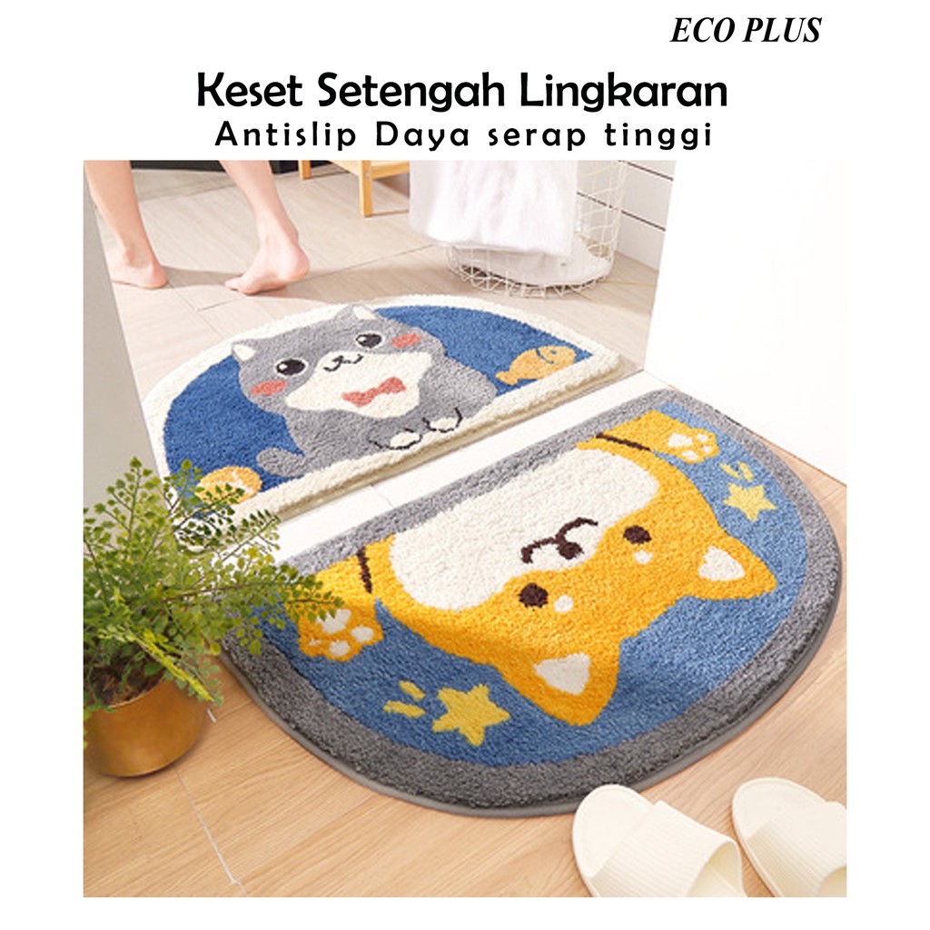 Keset Microfiber anti slip floor Mat carpet Setengah Lingkaran Motif Cat Dog Kucing Anjing